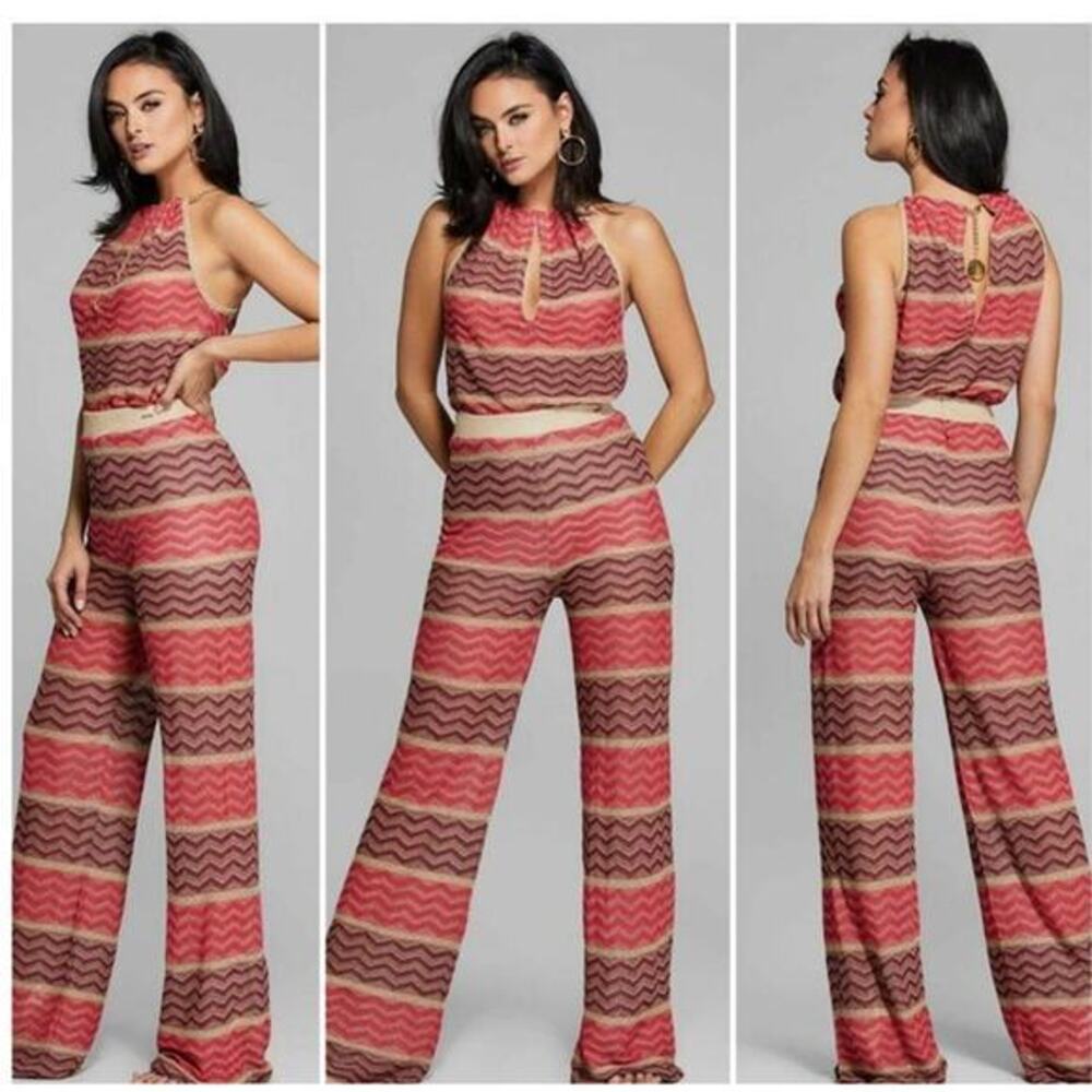 GUESS by Marciano striped chain jumpsuit Low-cut v-neck striped pink 3 / large